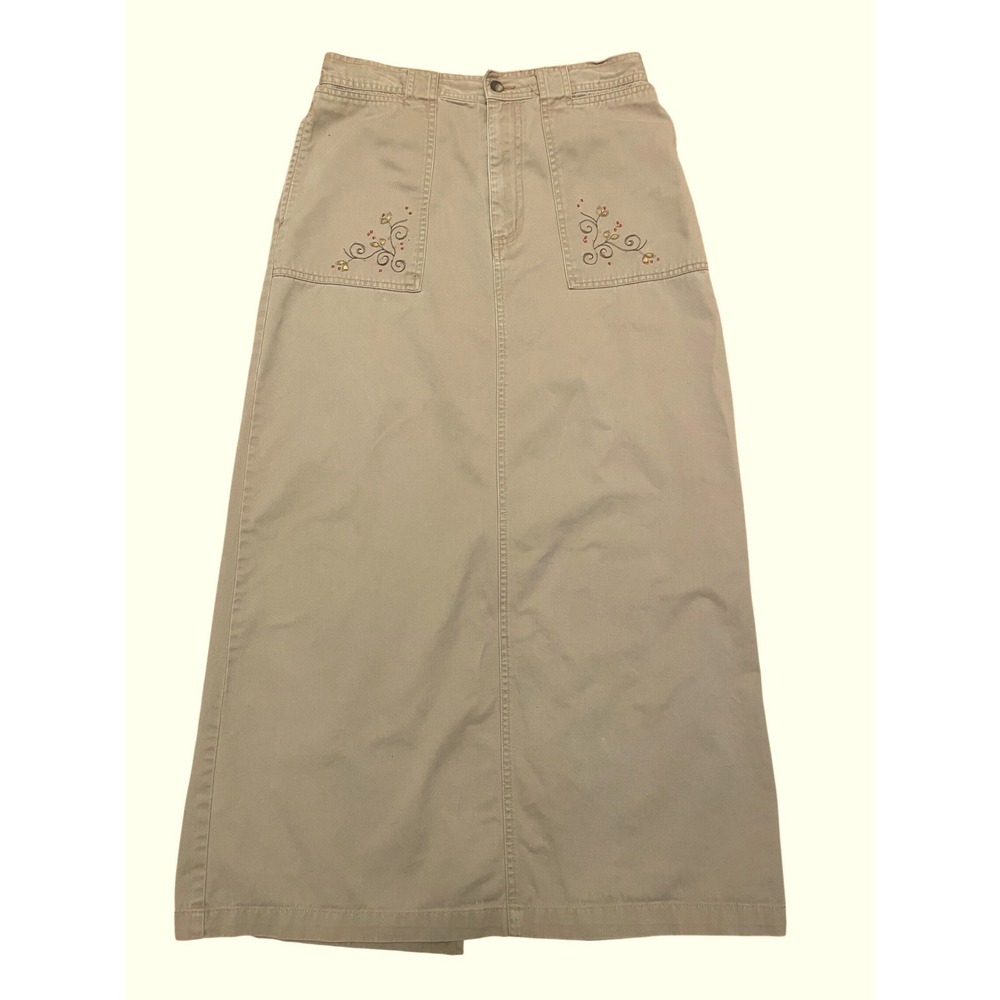 Vintage Midi Skirt Khaki Tan Embroidered Cotton Size 8  White Stag